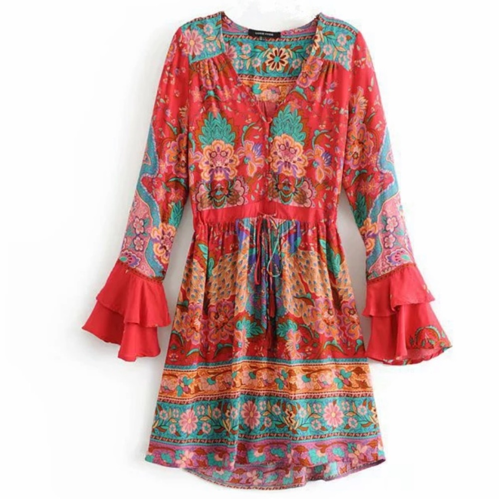 Boho 60’s Floral Gypsy Print Ruffle Dress Red - Picture 1 of 5